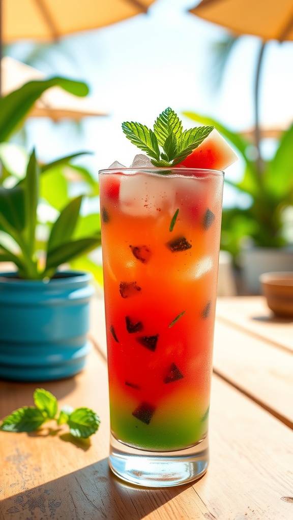 A refreshing watermelon rum cocktail garnished with mint and watermelon slice, set against a sunny outdoor backdrop.